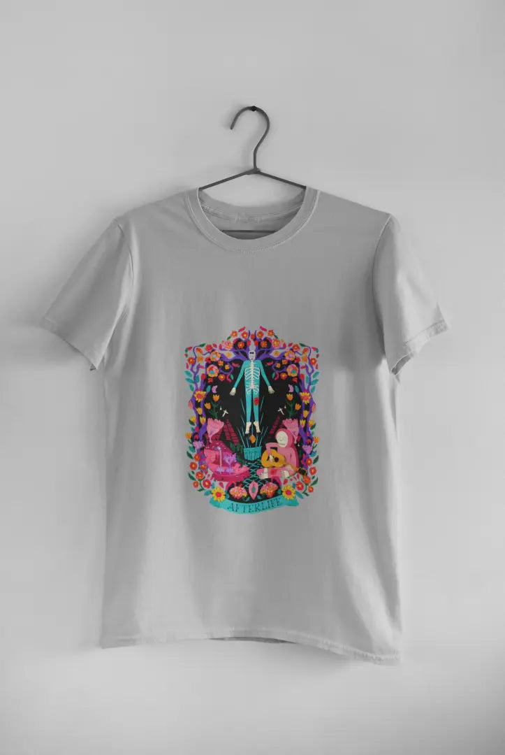 Grey aesthetic T-shirt hanging on a hanger against a white background, featuring a psychedelic graphic with a surreal and colorful illustration.
