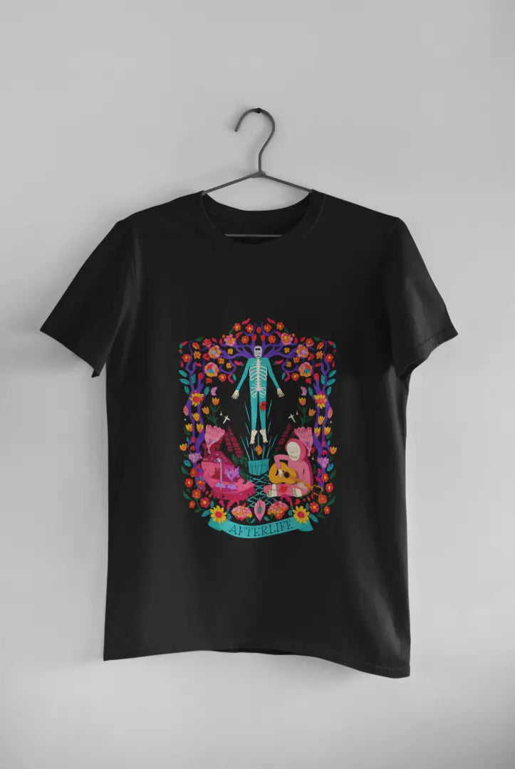Black aesthetic T-shirt hanging on a hanger against a white background, featuring a psychedelic graphic with a surreal and colorful illustration.