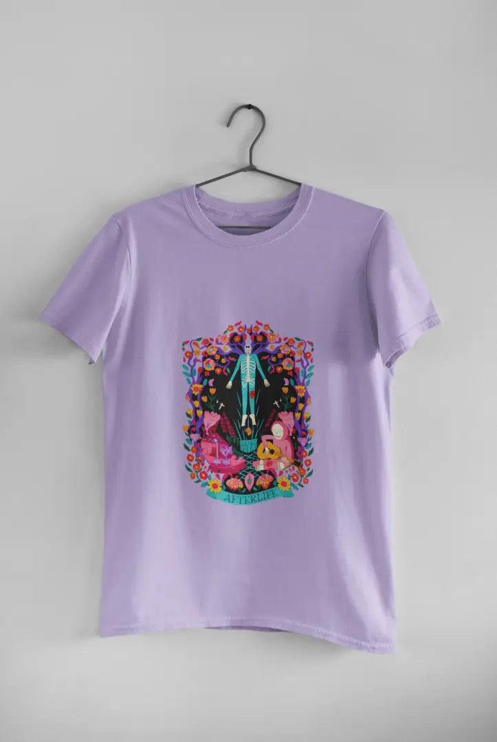 Lavender aesthetic T-shirt hanging on a hanger against a white background, featuring a psychedelic graphic with a surreal and colorful illustration.