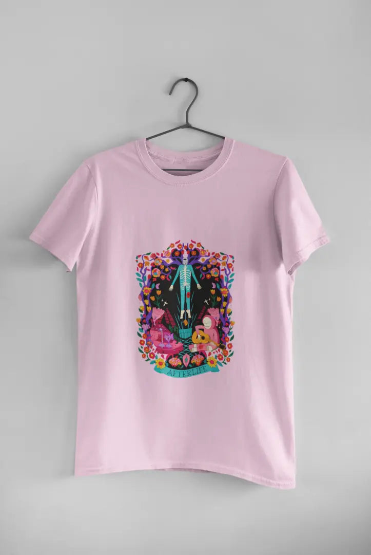 Pink aesthetic T-shirt hanging on a hanger against a white background, featuring a psychedelic graphic with a surreal and colorful illustration.