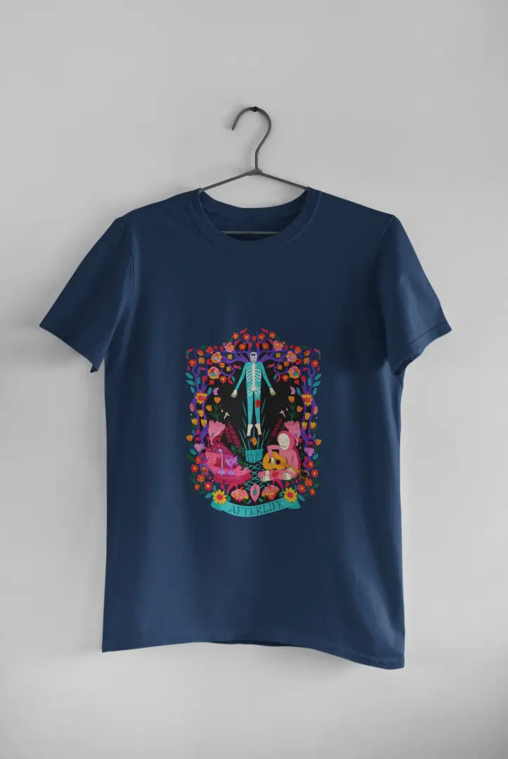 Navy Blue aesthetic T-shirt hanging on a hanger against a white background, featuring a psychedelic graphic with a surreal and colorful illustration.