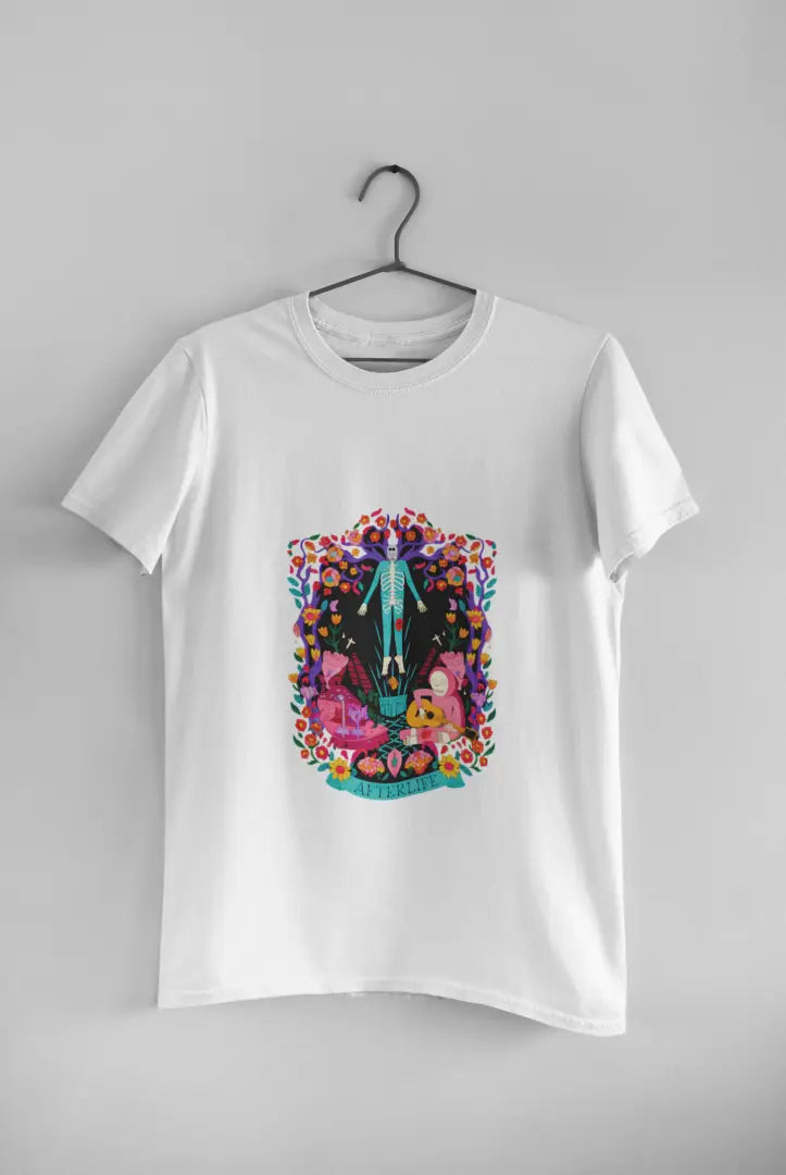 White aesthetic T-shirt hanging on a hanger against a white background, featuring a psychedelic graphic with a surreal and colorful illustration.