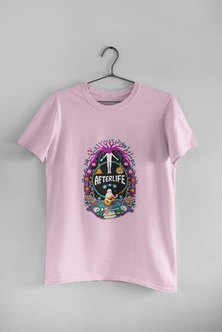 Light Pink graphic print T-shirt hanging on a black hanger against a plain white background, featuring a psychedelic design reading Afterlife with a colorful, whimsical illustration of various shapes and colors, and a white silhouette of a person with arms outstretched in the center.