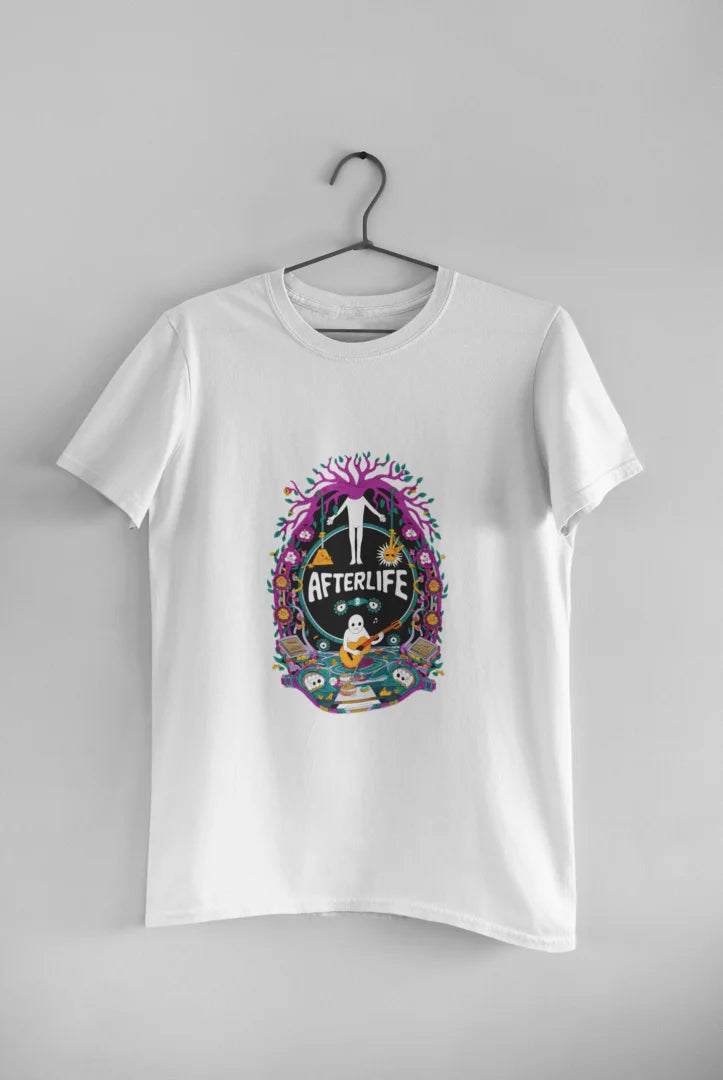 White graphic print T-shirt hanging on a black hanger against a plain white background, featuring a psychedelic design reading Afterlife with a colorful, whimsical illustration of various shapes and colors, and a white silhouette of a person with arms outstretched in the center.