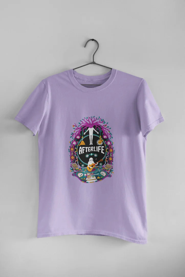 Lavender graphic print T-shirt hanging on a black hanger against a plain white background, featuring a psychedelic design reading Afterlife with a colorful, whimsical illustration of various shapes and colors, and a white silhouette of a person with arms outstretched in the center.