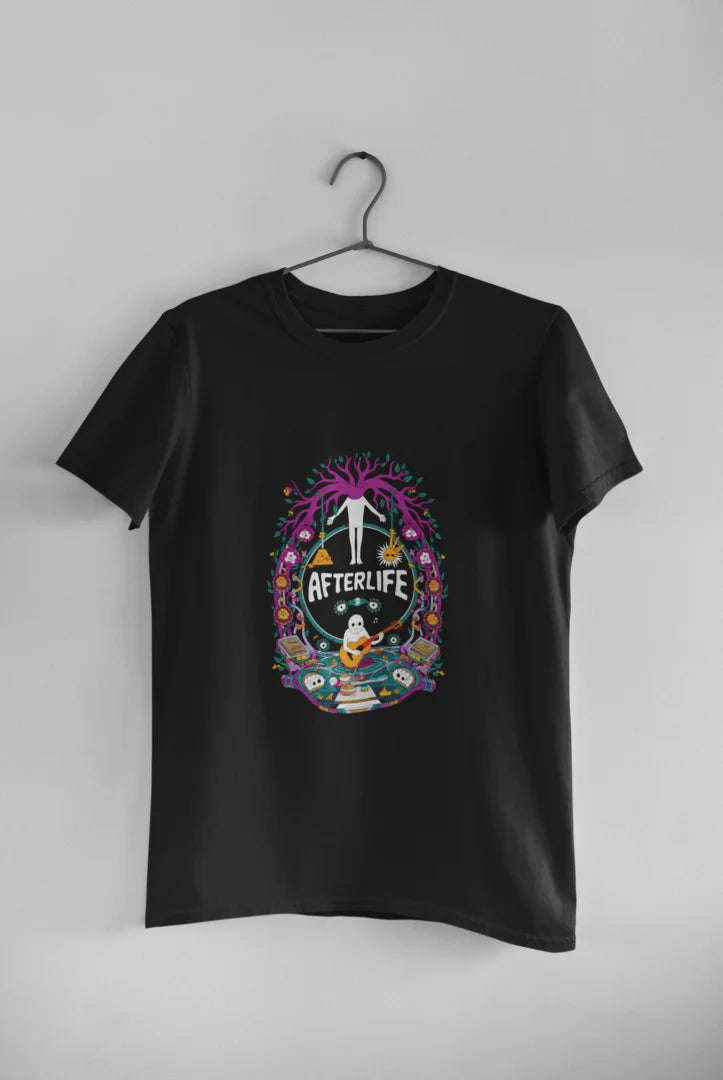 Black graphic print T-shirt hanging on a black hanger against a plain white background, featuring a psychedelic design reading Afterlife with a colorful, whimsical illustration of various shapes and colors, and a white silhouette of a person with arms outstretched in the center.