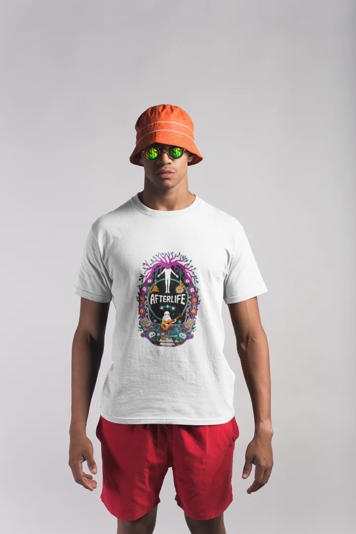 Young man wearing a white graphic print T-shirt with a psychedelic design reading Afterlife surrounded by a colorful floral pattern, paired with red shorts, an orange bucket hat, and sunglasses, standing against a plain white background.