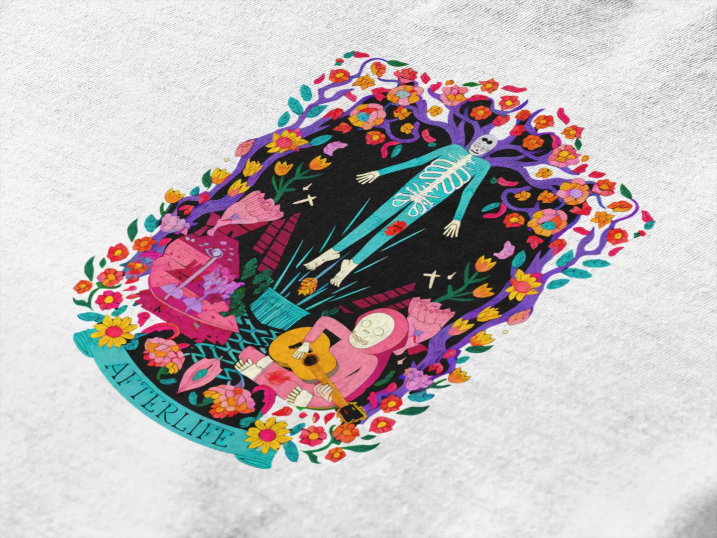 Colorful psychedelic illustration featuring a skeleton, wearing a blue and white striped shirt, surrounded by flowers, leaves, a guitar, a pink bag, and a pink flower. The word Afterlife is written in cursive above the skeleton, with a whimsical and playful design on a white background.
