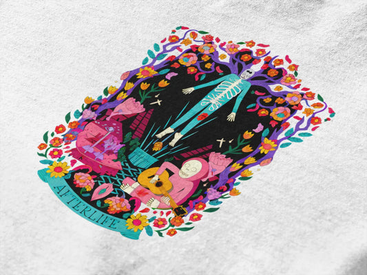 Colorful psychedelic illustration featuring a skeleton, wearing a blue and white striped shirt, surrounded by flowers, leaves, a guitar, a pink bag, and a pink flower. The word Afterlife is written in cursive above the skeleton, with a whimsical and playful design on a white background.
