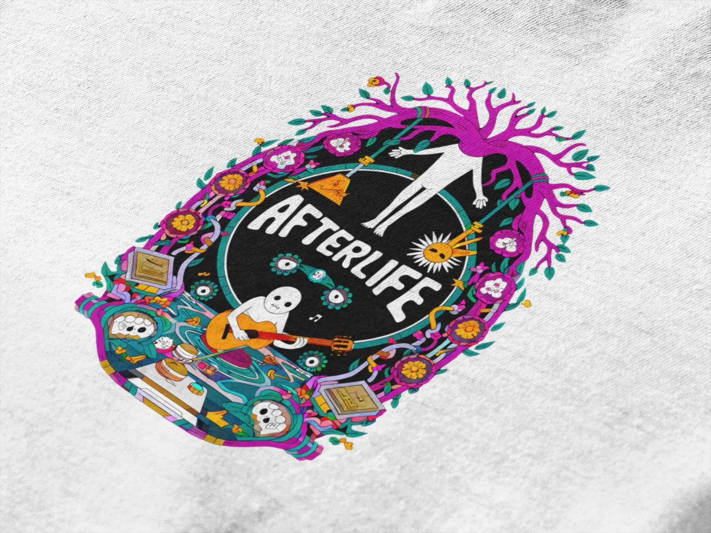 Psychedelic illustration with a black background featuring the word 'Afterlife' in white, surrounded by colorful elements like a tree with pink and purple branches, a skeleton playing a guitar, a skull and crossbones, and flowers in shades of pink, purple, and green. The whimsical and playful design incorporates intricate details.