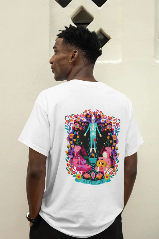 A man wearing a white back printed oversized t-shirt with a psychedelic design