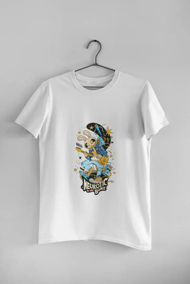 White band T-shirt hanging on a black hanger against a plain white background, featuring a colorful illustration of a cartoon character playing a guitar. The design has text Neurotic To The Bone in yellow letters, with stars and a crescent moon above the character in a playful design.