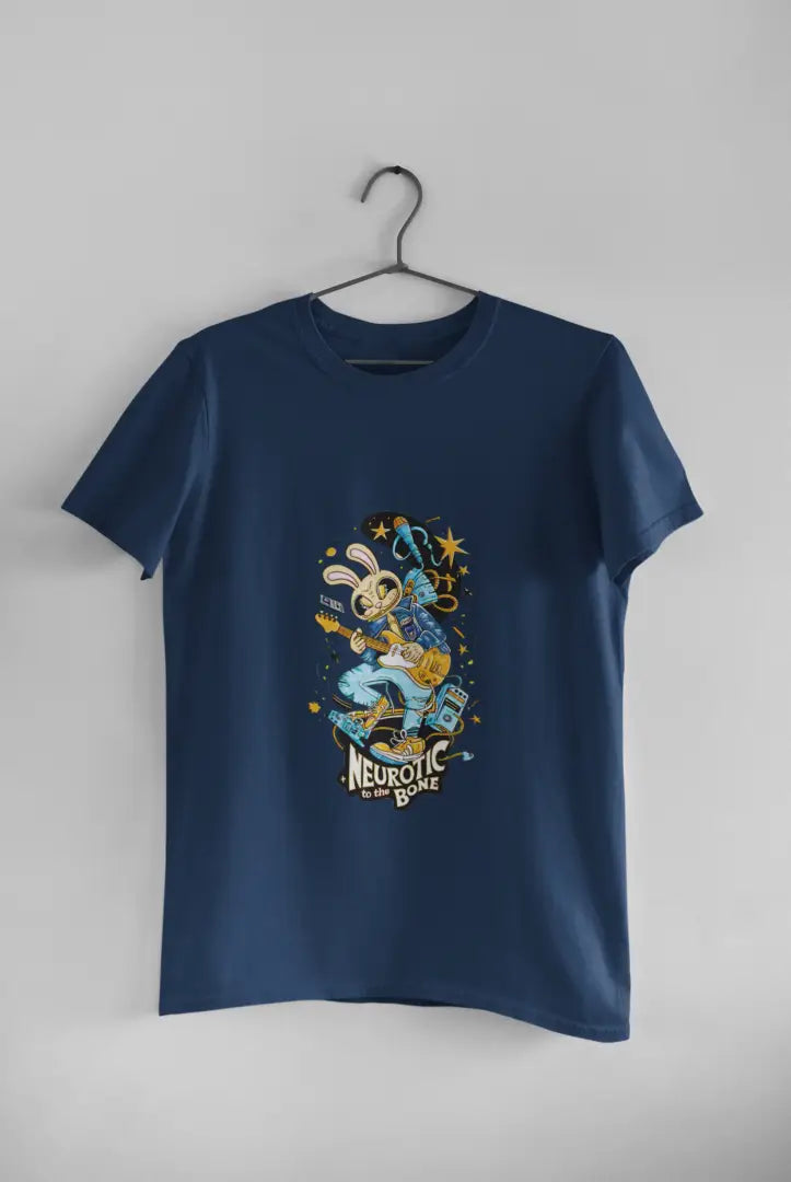 Navy Blue band T-shirt hanging on a black hanger against a plain white background, featuring a colorful illustration of a cartoon character playing a guitar. The design has text Neurotic To The Bone in yellow letters, with stars and a crescent moon above the character in a playful design.