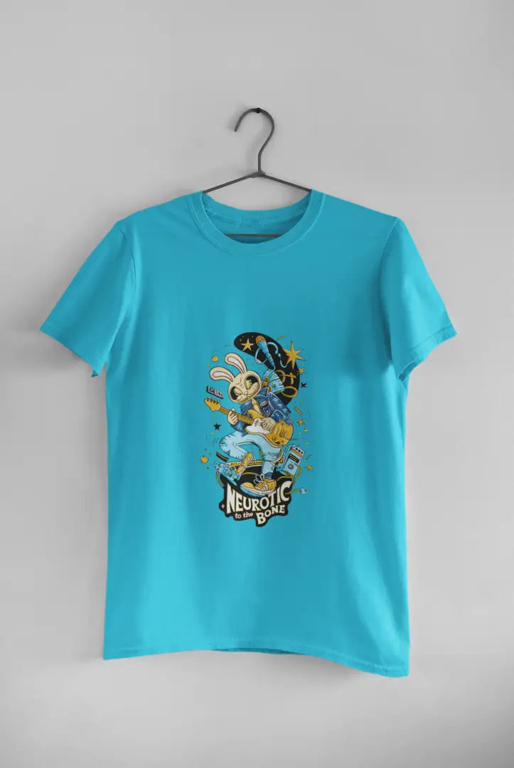 Blue band T-shirt hanging on a black hanger against a plain white background, featuring a colorful illustration of a cartoon character playing a guitar. The design has text Neurotic To The Bone in yellow letters, with stars and a crescent moon above the character in a playful design.