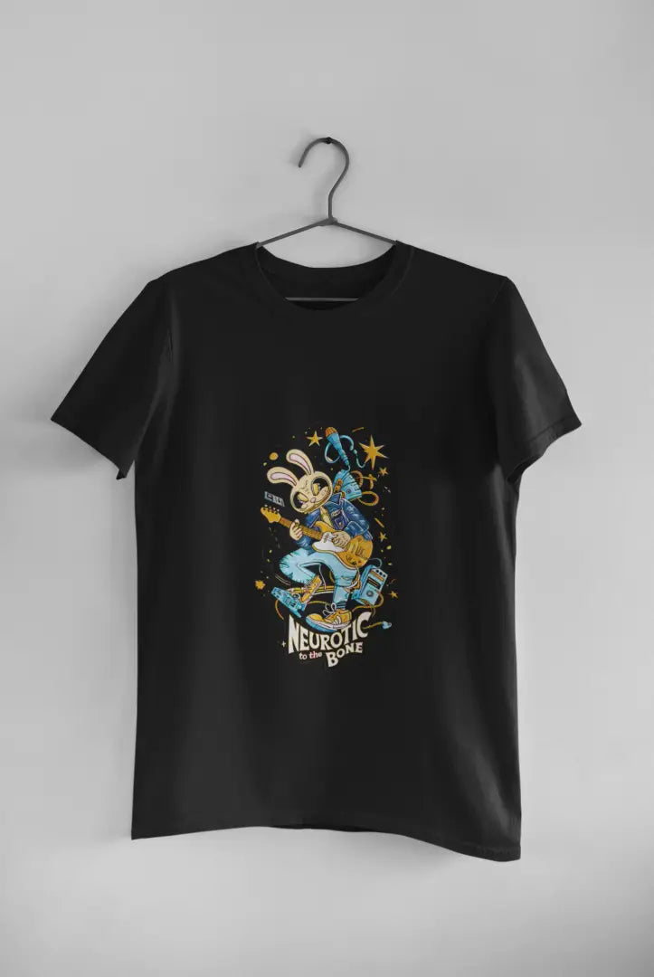 Black band T-shirt hanging on a black hanger against a plain white background, featuring a colorful illustration of a cartoon character playing a guitar. The design has text Neurotic To The Bone in yellow letters, with stars and a crescent moon above the character in a playful design.