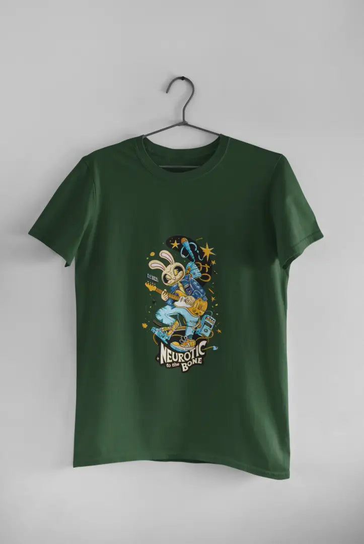 Olive Green band T-shirt hanging on a black hanger against a plain white background, featuring a colorful illustration of a cartoon character playing a guitar. The design has text Neurotic To The Bone in yellow letters, with stars and a crescent moon above the character in a playful design.