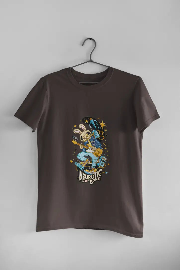 Charcoal Grey band T-shirt hanging on a black hanger against a plain white background, featuring a colorful illustration of a cartoon character playing a guitar. The design has text Neurotic To The Bone in yellow letters, with stars and a crescent moon above the character in a playful design.