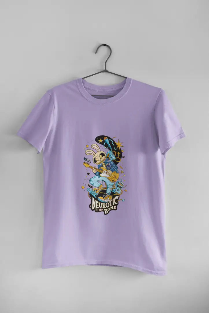 Lavender band T-shirt hanging on a black hanger against a plain white background, featuring a colorful illustration of a cartoon character playing a guitar. The design has text Neurotic To The Bone in yellow letters, with stars and a crescent moon above the character in a playful design.