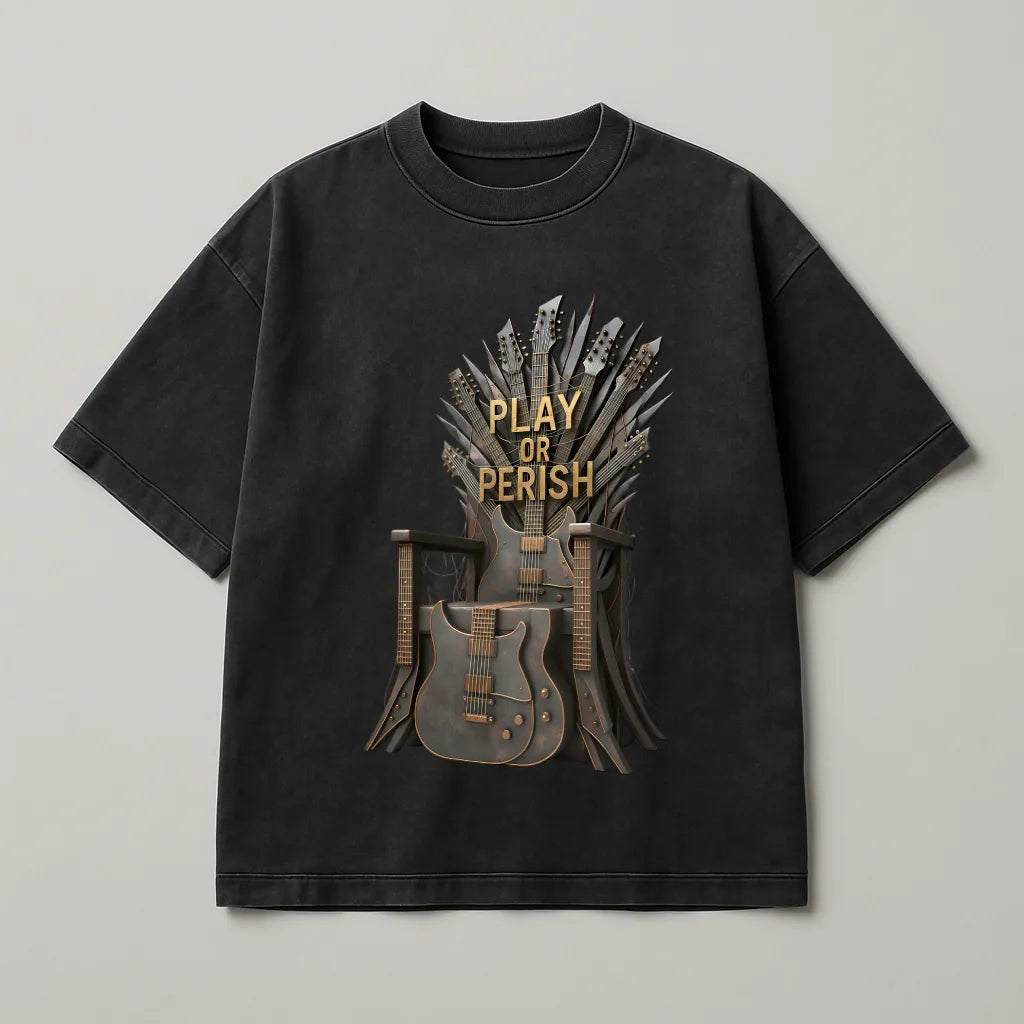 Black t-shirt with 'Play or Perish' graphic design on a gray background