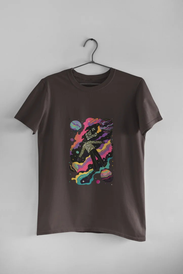 Charcoal Grey tee shirt with a cosmic design featuring a person in a black and white striped shirt floating in space.