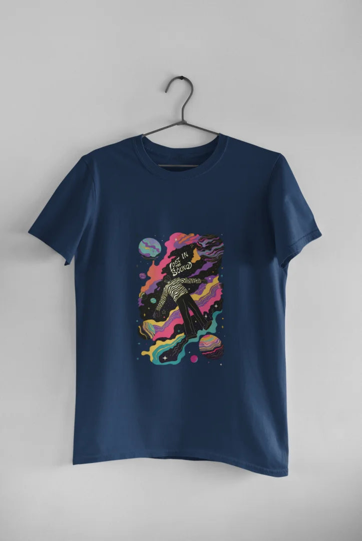 Navy Blue tee shirt with a cosmic design featuring a person in a black and white striped shirt floating in space.