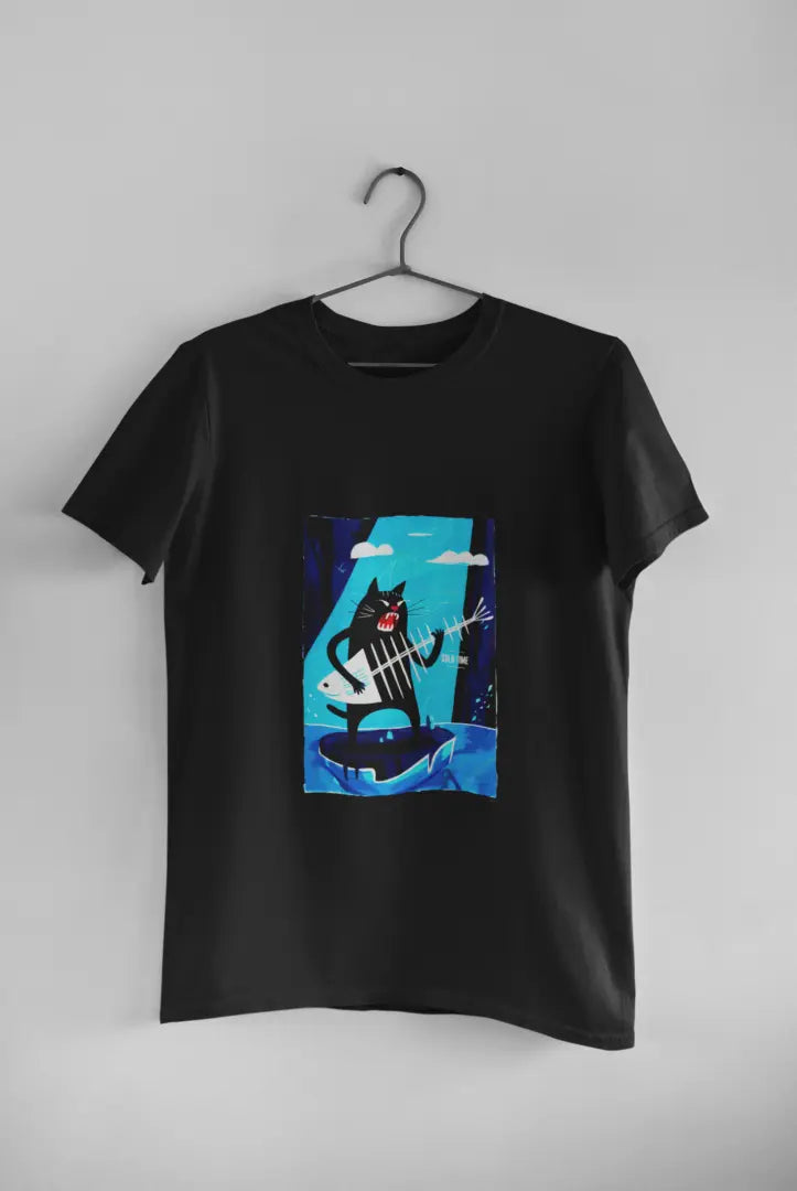 A black t-shirt featuring a playful cartoon illustration of a black cat standing on its hind legs with its front paws in the air playing a fishbone that looks like a guitar.