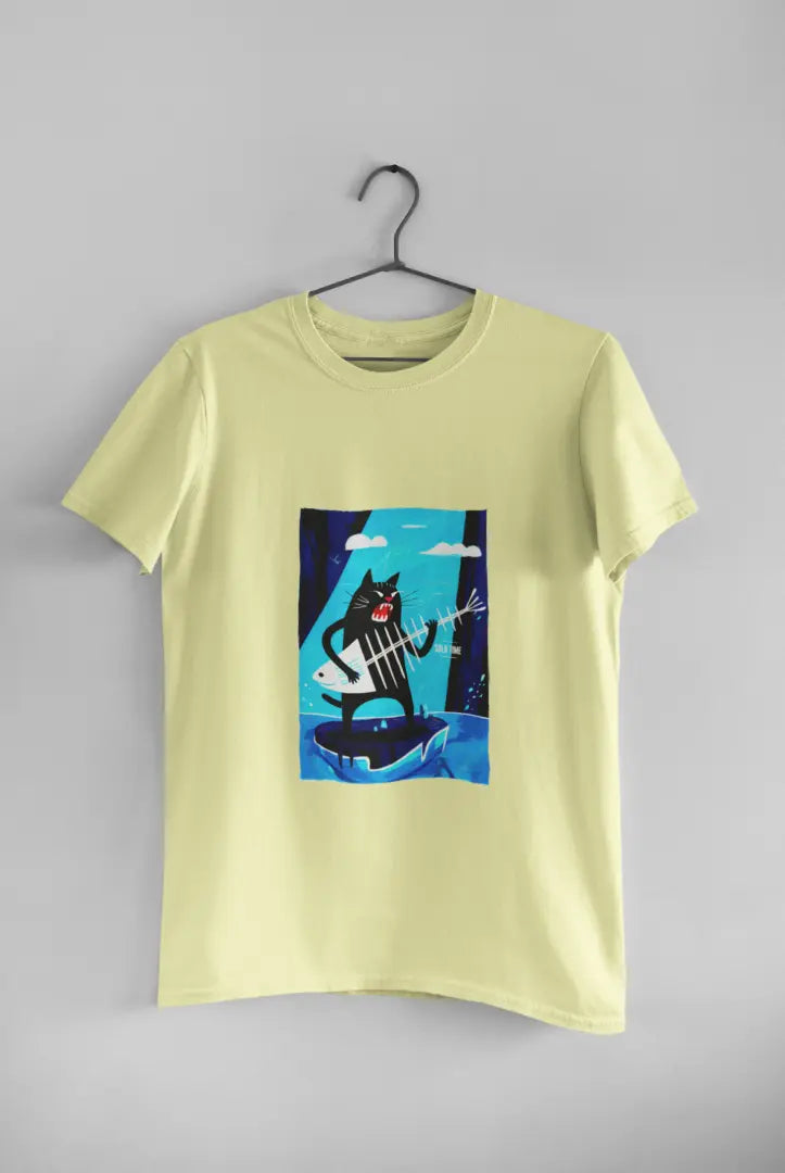 A butter yellow t-shirt featuring a playful cartoon illustration of a black cat standing on its hind legs with its front paws in the air playing a fishbone that looks like a guitar.