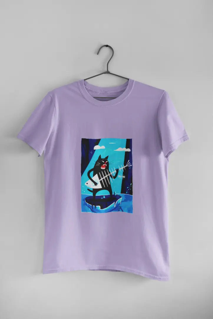A lavender t-shirt featuring a playful cartoon illustration of a black cat standing on its hind legs with its front paws in the air playing a fishbone that looks like a guitar.