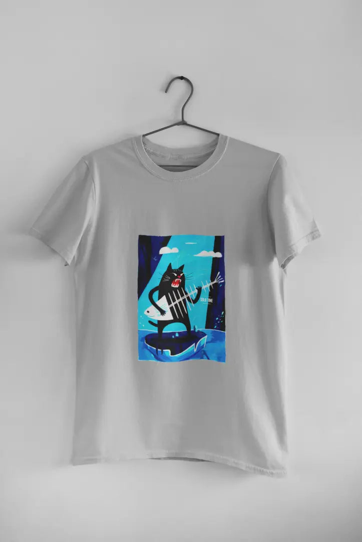 A grey t-shirt featuring a playful cartoon illustration of a black cat standing on its hind legs with its front paws in the air playing a fishbone that looks like a guitar.