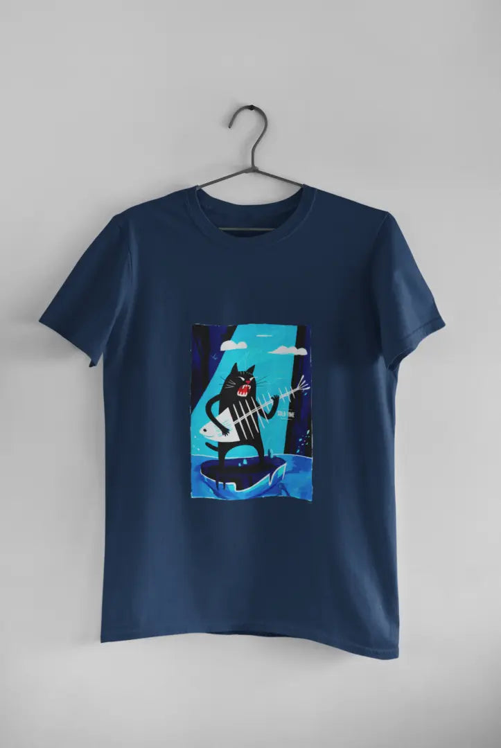 A Navy Blue t-shirt featuring a playful cartoon illustration of a black cat standing on its hind legs with its front paws in the air playing a fishbone that looks like a guitar.