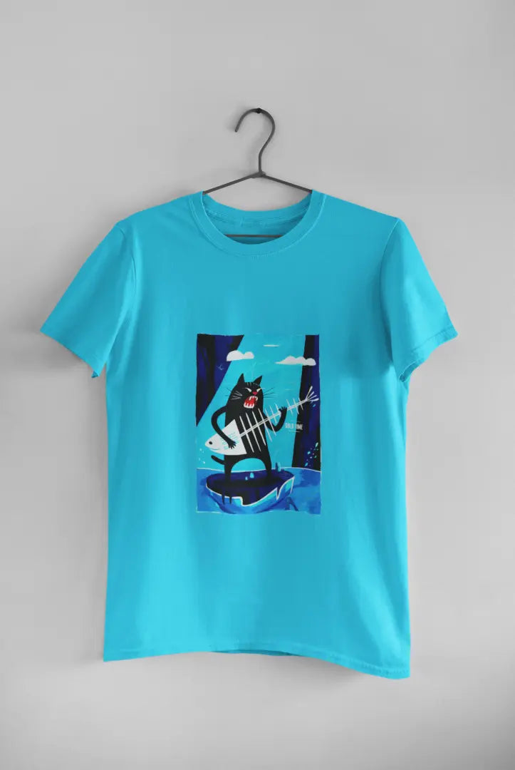 A blue t-shirt featuring a playful cartoon illustration of a black cat standing on its hind legs with its front paws in the air playing a fishbone that looks like a guitar.