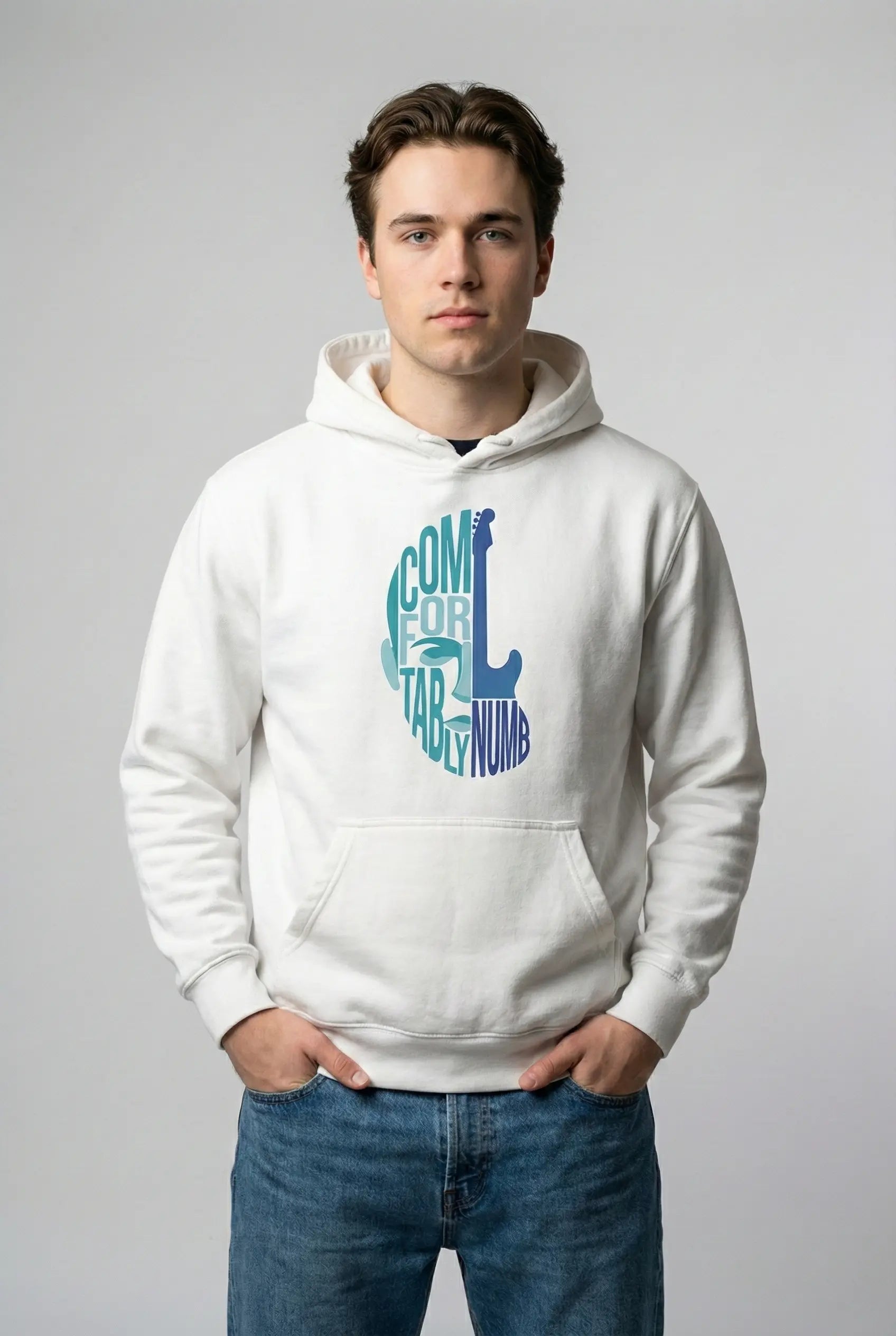 Person wearing a white hoodie with colorful text design on a plain background