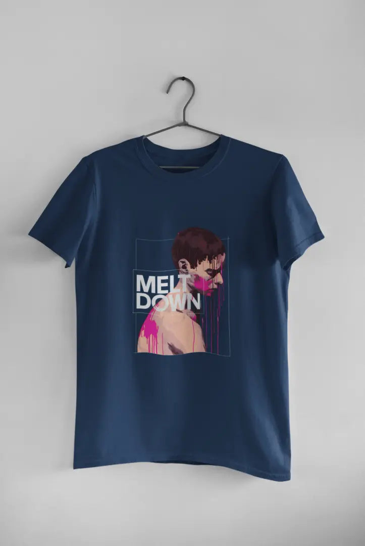 A navy blue t-shirt featuring a stylized portrait of a pensive young man with pink drips on his bare chest. Bold white text reads “MELT DOWN” within a dark gray rectangular frame. The design is graphic and dramatic.