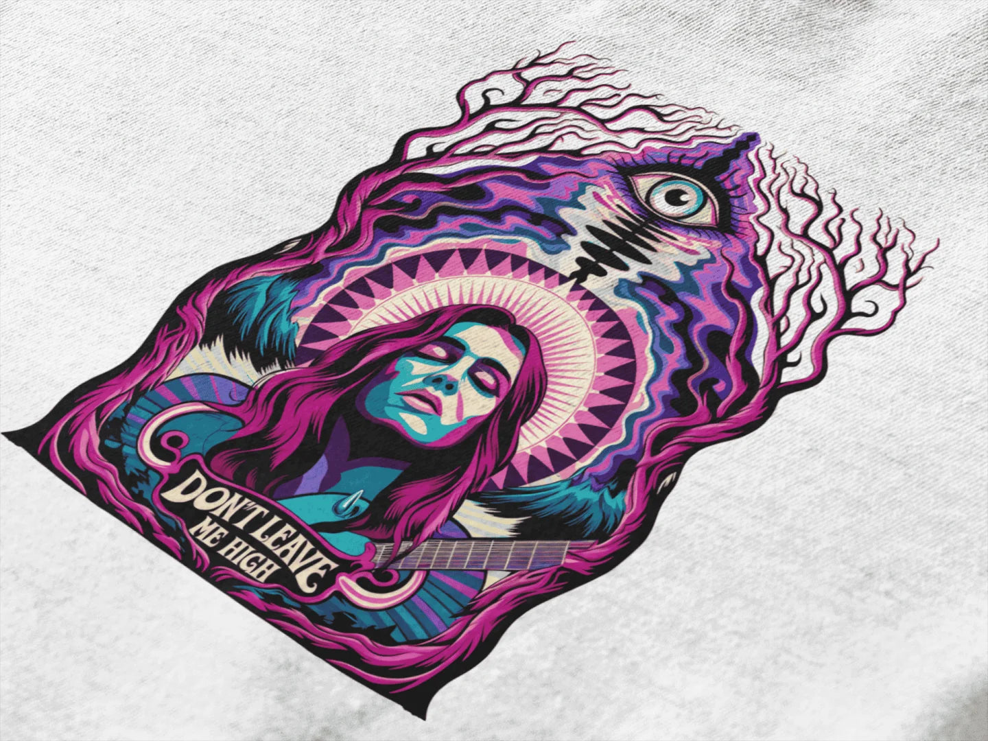 A white t-shirt with a graphic design featuring a woman with long, purple hair playing a guitar. The design includes intricate branches, a large eye, and the text “DON’T LEAVE ME HIGH.” The overall style is psychedelic with bold colors and surreal elements.
