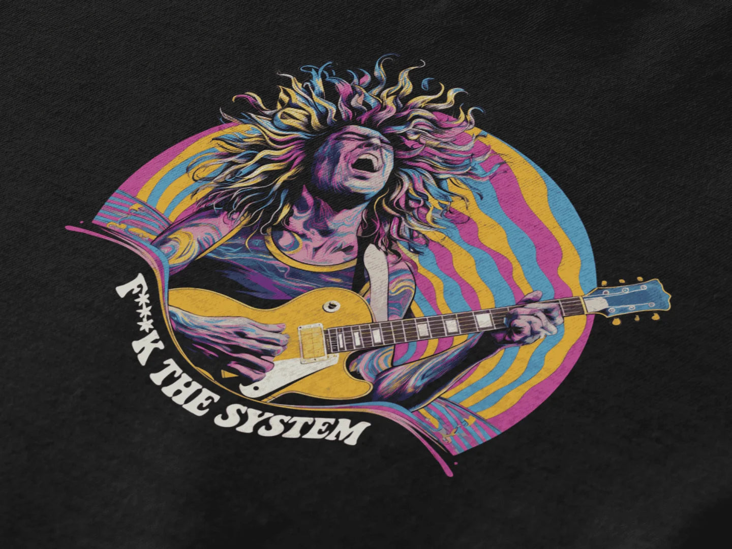 A black t-shirt with a bold, psychedelic design of a man with vibrant, multicolored hair playing a golden guitar. The graphic features swirling pink, yellow, and teal patterns and the phrase “F**K THE SYSTEM” in white text below.