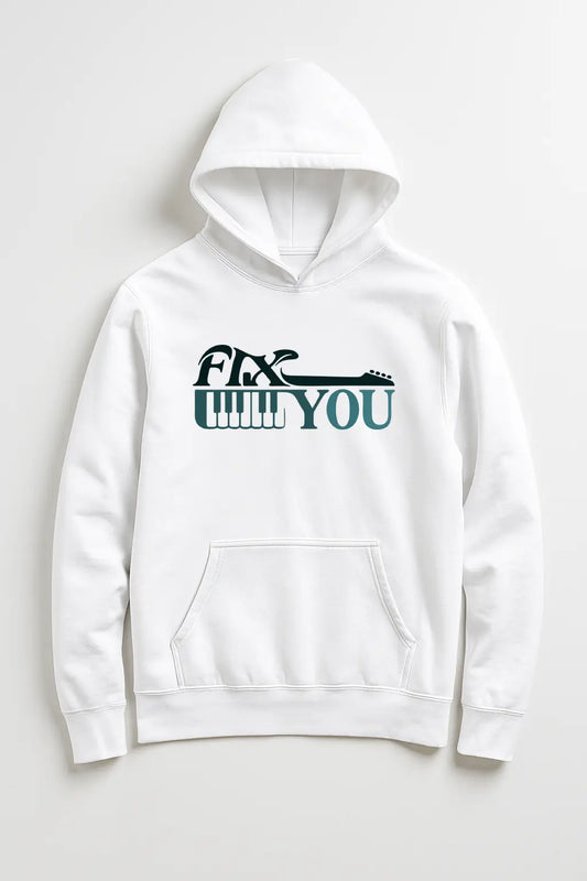 White hoodie with 'Fix You' text design