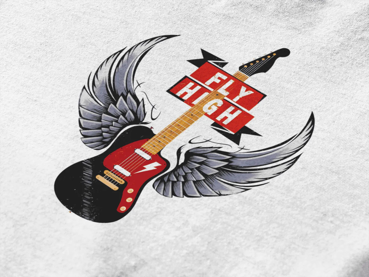 Close up of a t-shirt with a design printed on it. The design contains a guitar with wings. There's a text saying Fly High at the center top of the design.
