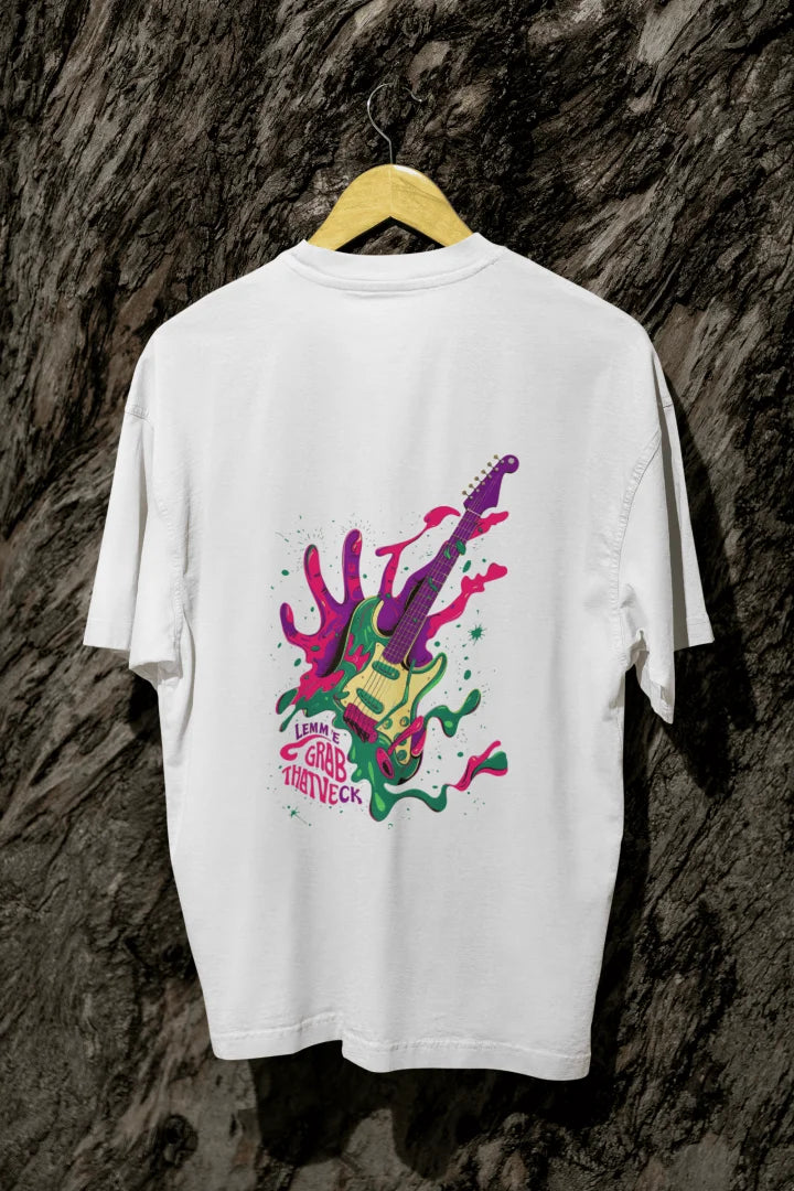 White oversized designer T-shirt with a back print of a psychedelic guitar and a hand trying to grab it from the back. The design is vibrant and contains paint splashes and the text Let new grab that neck.