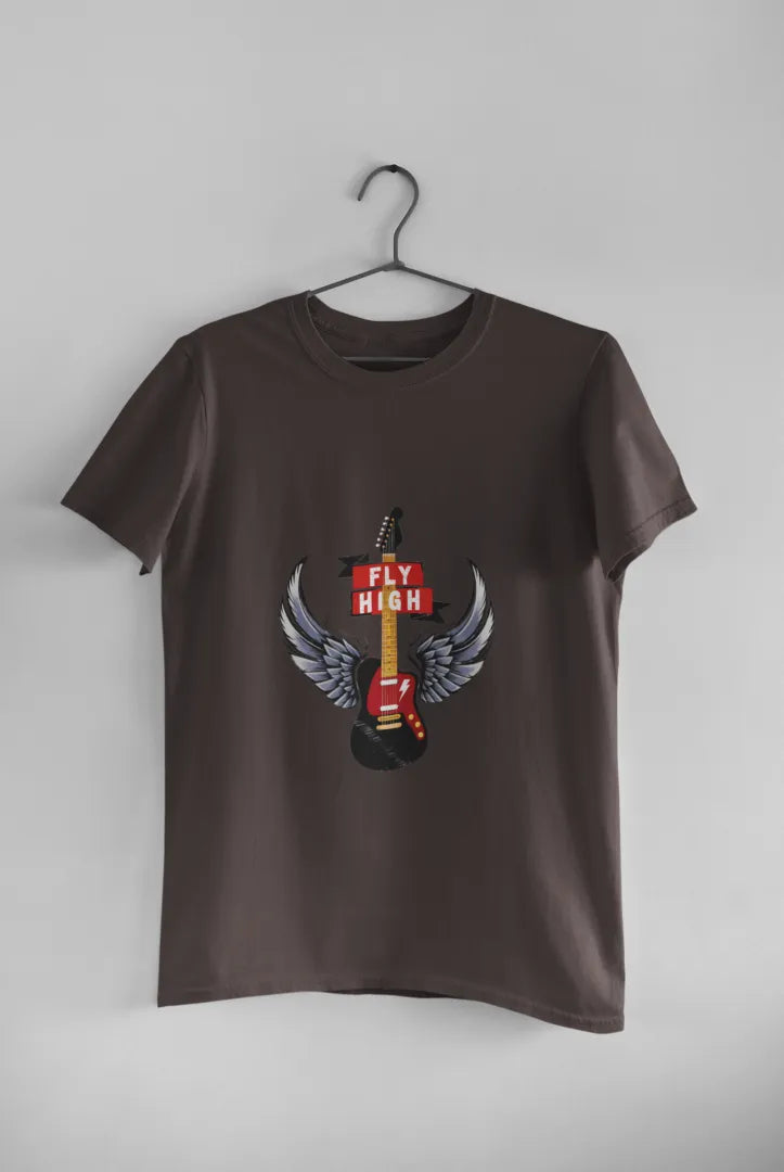 A charcoal grey T-shirt hanging against a light grey background. The T-shirt consists of the design of a guitar having wings. There’s a text saying Fly High.