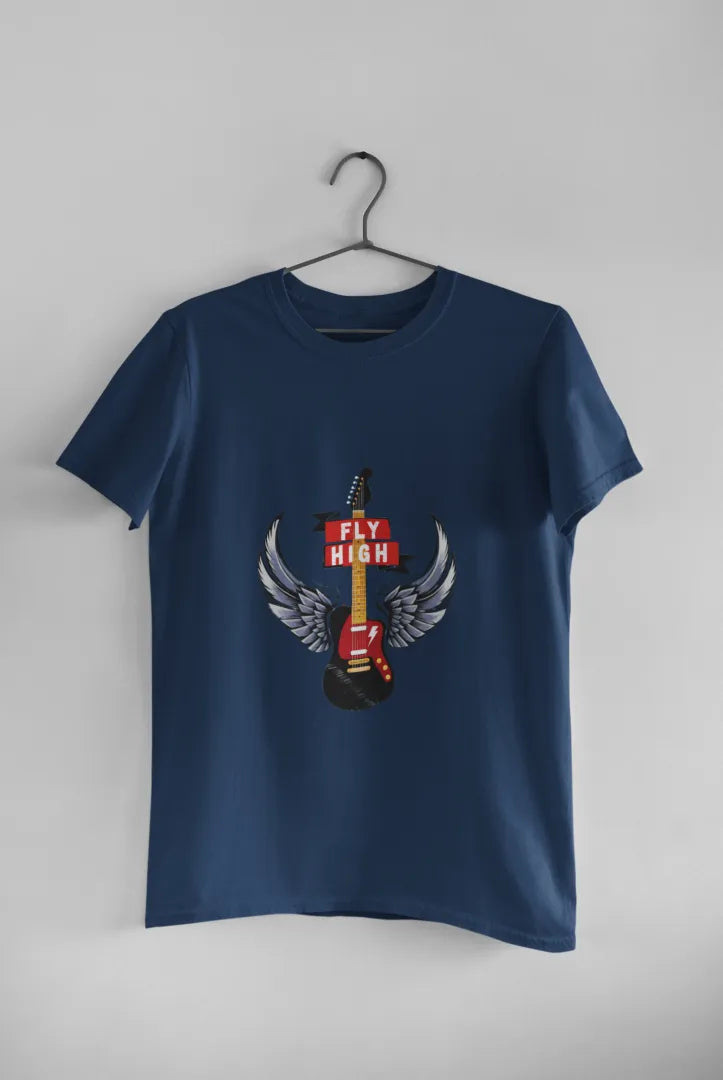A navy blue T-shirt hanging against a light grey background. The T-shirt consists of the design of a guitar having wings. There’s a text saying Fly High.