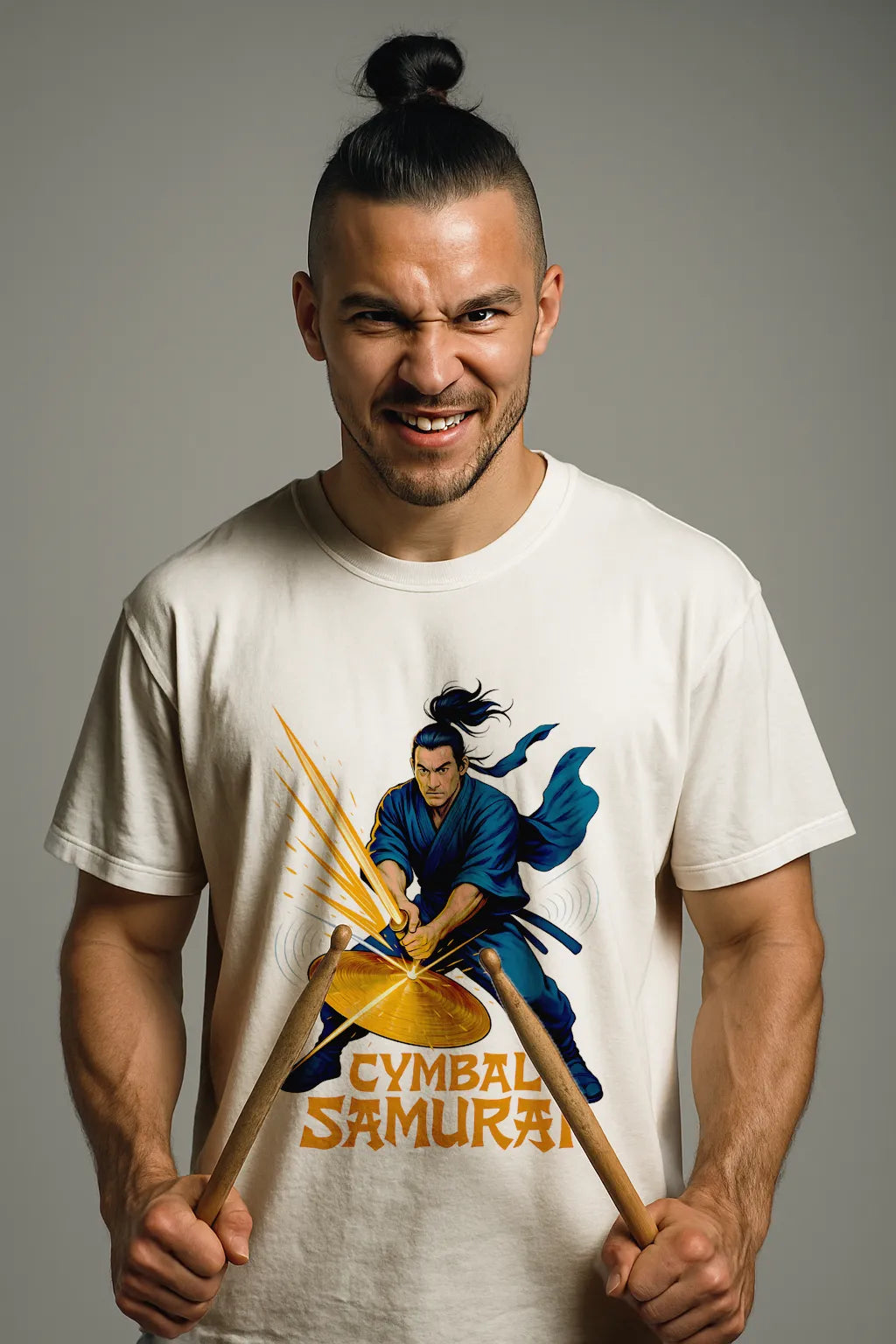 Man wearing a t-shirt with 'Cymbal Samurai' design holding drumsticks against a gray background
