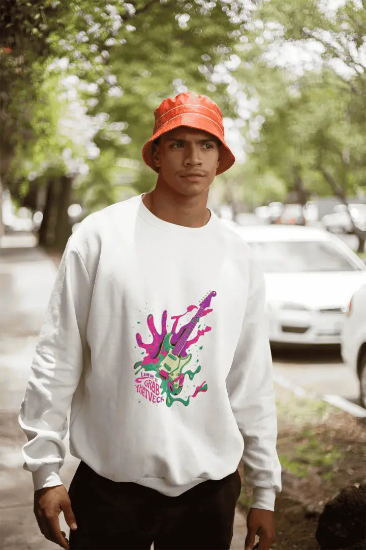 A man wearing a white sweatshirt. The sweatshirt contains a psychedelic design with a guitar and hand at the back, trying to grab it. A text saying let me grab that neck..