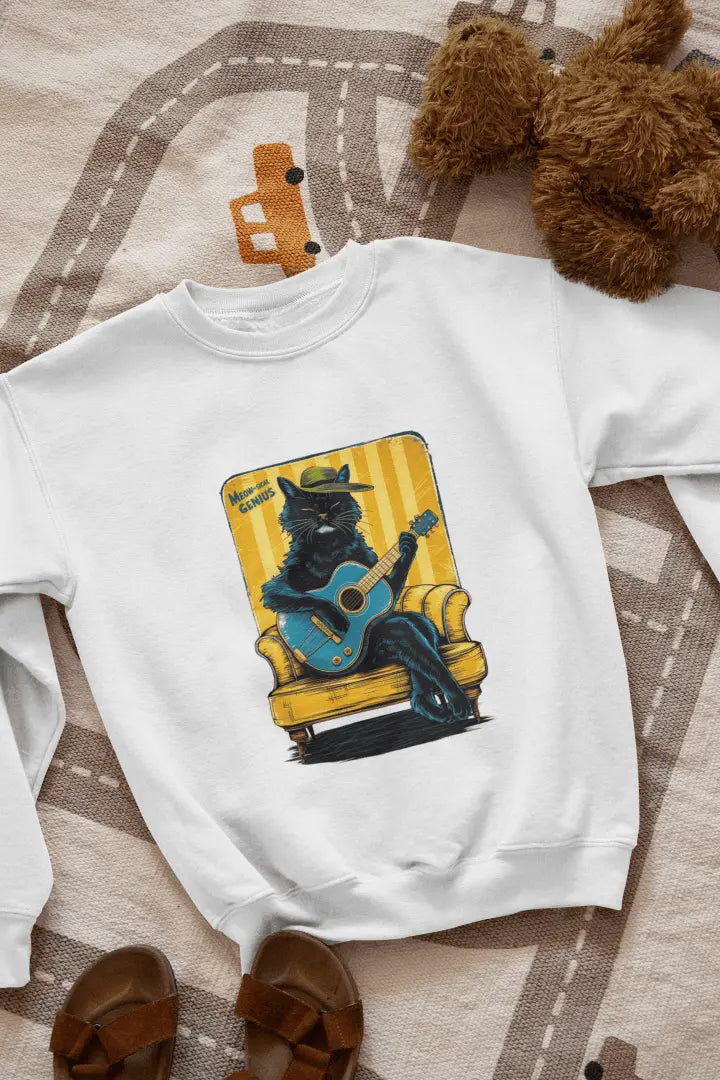 A white printed sweatshirt with the design of a cat wearing a cute cap and playing a guitar while sitting on a sofa. The sweatshirt is lying down on the floor. There’s a text saying meowsical genius.