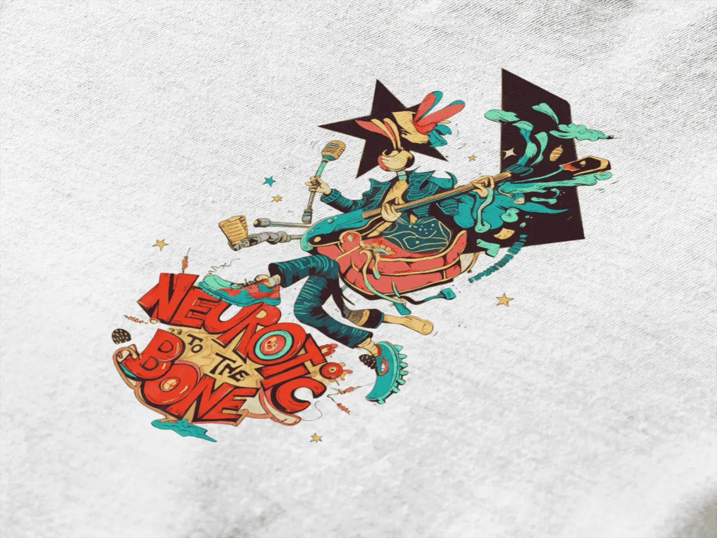 A design printed on a T-shirt. The design contains of a funky character with an instrument and a microphone in his hand. There’s a text saying “Neurotic to the bone”.