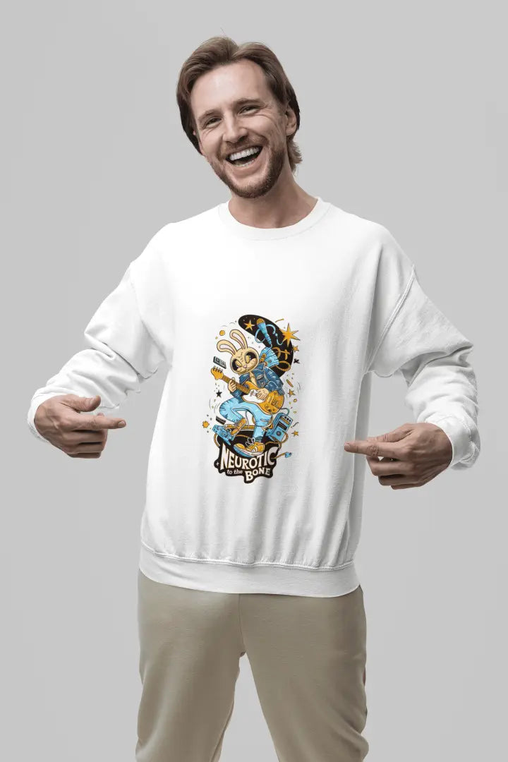 A man wearing a white sweatshirt with a printed design. The design contains of a funky character playing a guitar. There’s a text saying “Neurotic to the bone” at the bottom of the design.