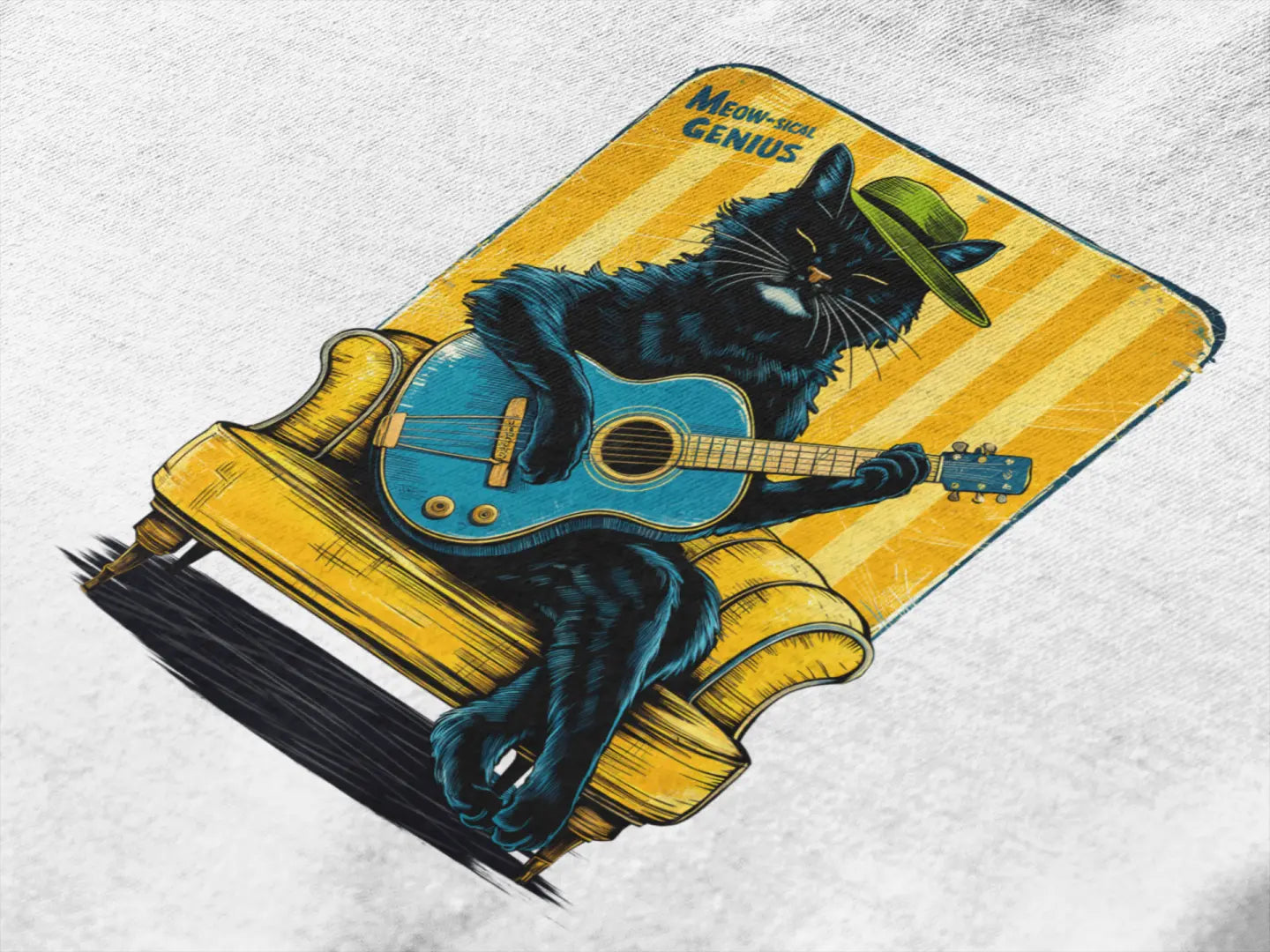 A close up of a design printed on a t-shirt. The print design contains a cat wearing a hat and sitting on the sofa. There's a text saying Meowsical Genius on the top left of the design.