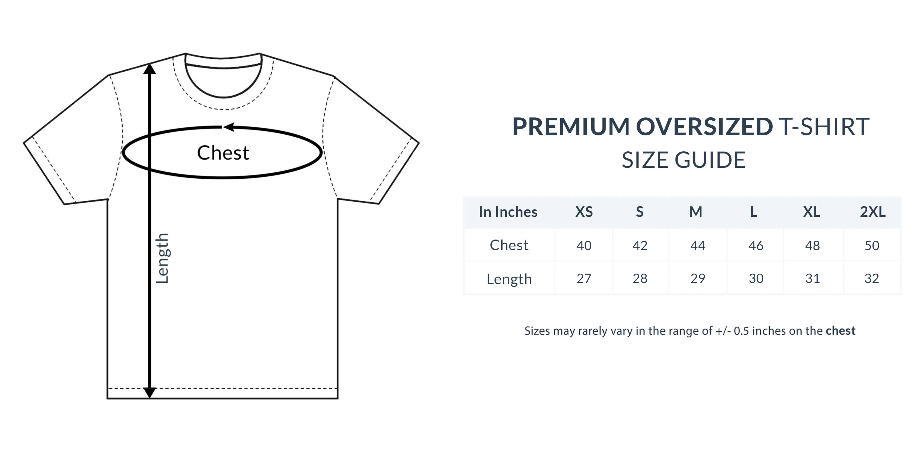 Size guide for premium oversized t-shirts with a diagram of chest and length measurements.