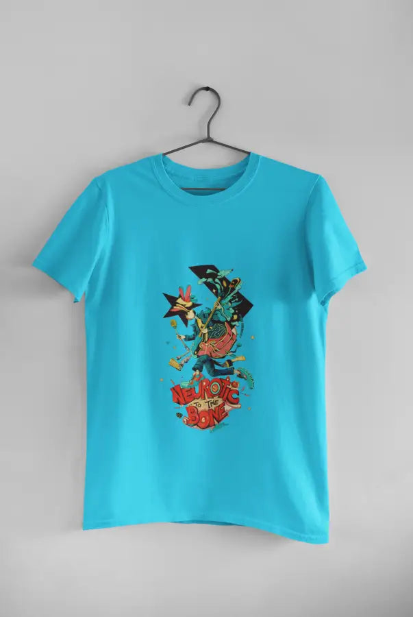 A blue printed t-shirt hanging against a light grey wall. The t-shirt design consists of a character with a microphone in his hand. There's a text saying Neurotic To the Bone at the bottom of the design.