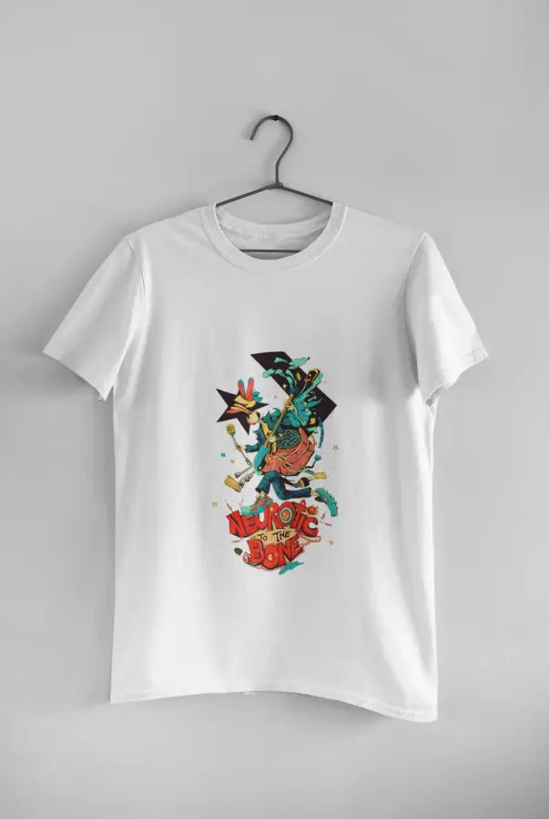 A white printed t-shirt hanging against a light grey wall. The t-shirt design consists of a character with a microphone in his hand. There's a text saying Neurotic To the Bone at the bottom of the design.