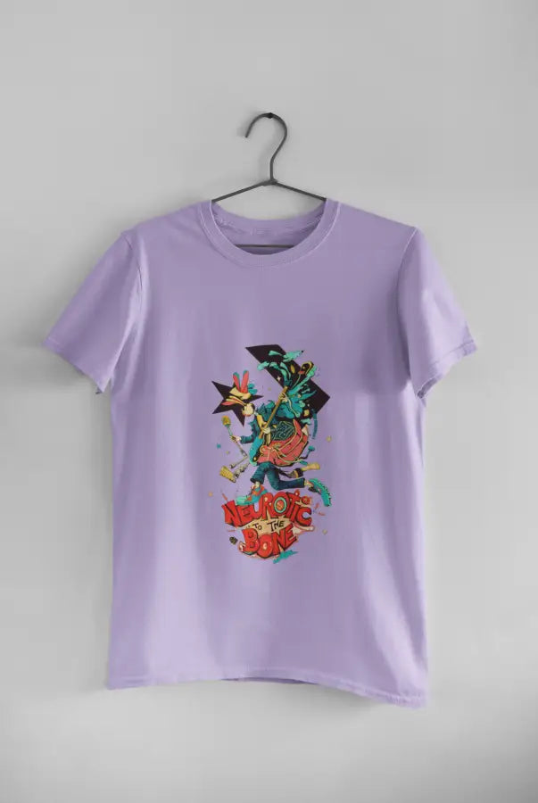 A lavender printed t-shirt hanging against a light grey wall. The t-shirt design consists of a character with a microphone in his hand. There's a text saying Neurotic To the Bone at the bottom of the design.